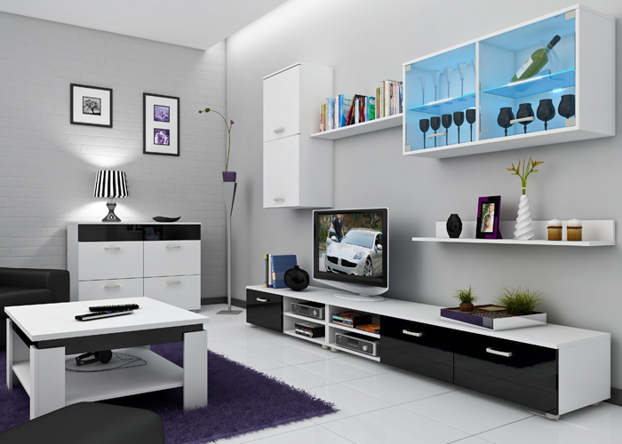 Bílá  obývací stěna Obývací stěna Magic bílá-černý lesk